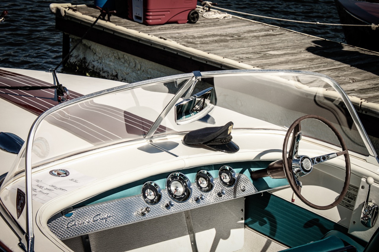 Nov 15 2010 Tulsa USA Vintage Chris Craft fiberglass speedboat trimed with teak with captians hat on dash