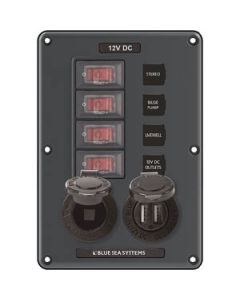Blue Sea 4321 Water-Resistant Circuit Breaker Switch Panel&#44; 4 Position w/12V Socket & Dual USB Charger small_image_label